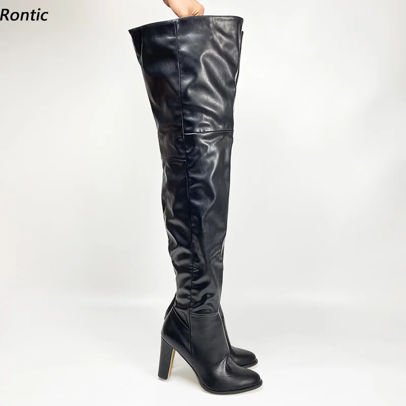 

Rontic New Arrival Women Winter Thigh Boots Unisex Side Zipper Chunky Heels Round Toe Elegant Black Women Shoes US Size 5-20