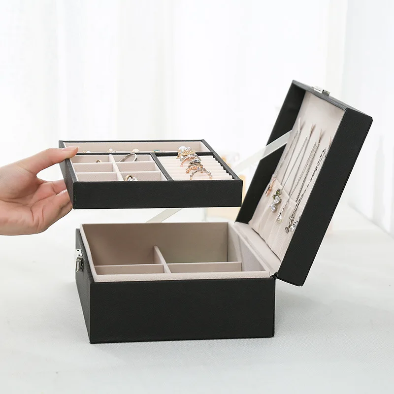 

Brand new large-capacity Pu leather jewelry box, double storage box, wooden box jewelry display stand, ladies gift box with lock