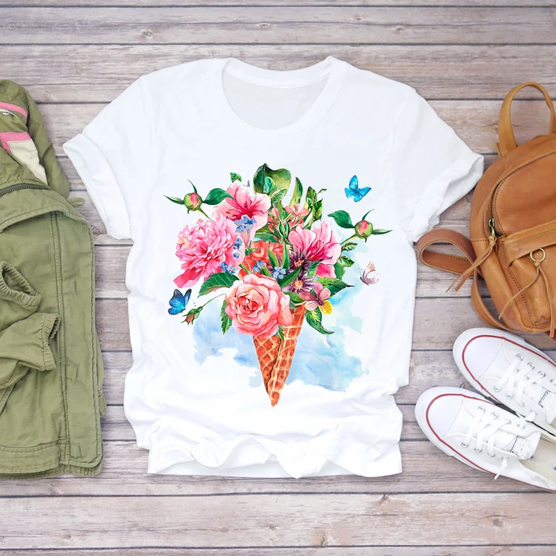 

Top T Shirt Ladies Womens Graphic Female Tee T-Shirt Women 2020 Summer Short Sleeve Ice Cream Floral Flower Lady T-shirts