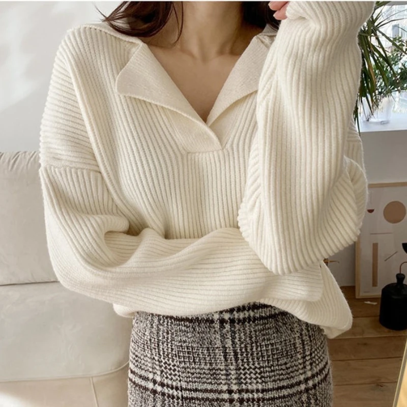 

2021 Autumn and Winter Sweater Women Half-open V-neck Pullover Korean Version of Solid Color Long-sleeved Loose-fitting Sweater