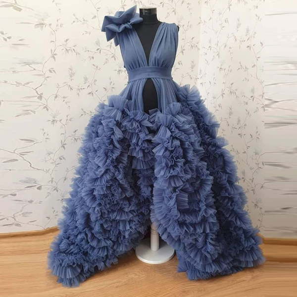 

Puffy Navy Blue Deep V-Neck Sleeveless Tulle Prom Gowns Front Open Ruffled Pleated Long Maternity Photography Women Dresses