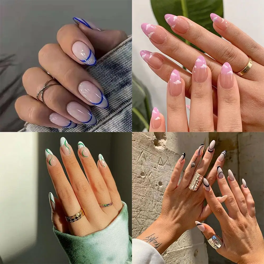 

24Pcs Women Fashion Detachable Press On Long Ellipse False Nail Tip Wearable Fake Nails Artificial Manicure Tool