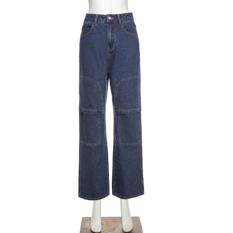 

Y2K Blue Straight Jeans Women Vintage Cargo Denim Pants Fashion High Waist Harajuku Patchwork Stitched 90s Aesthetic Loose Jean