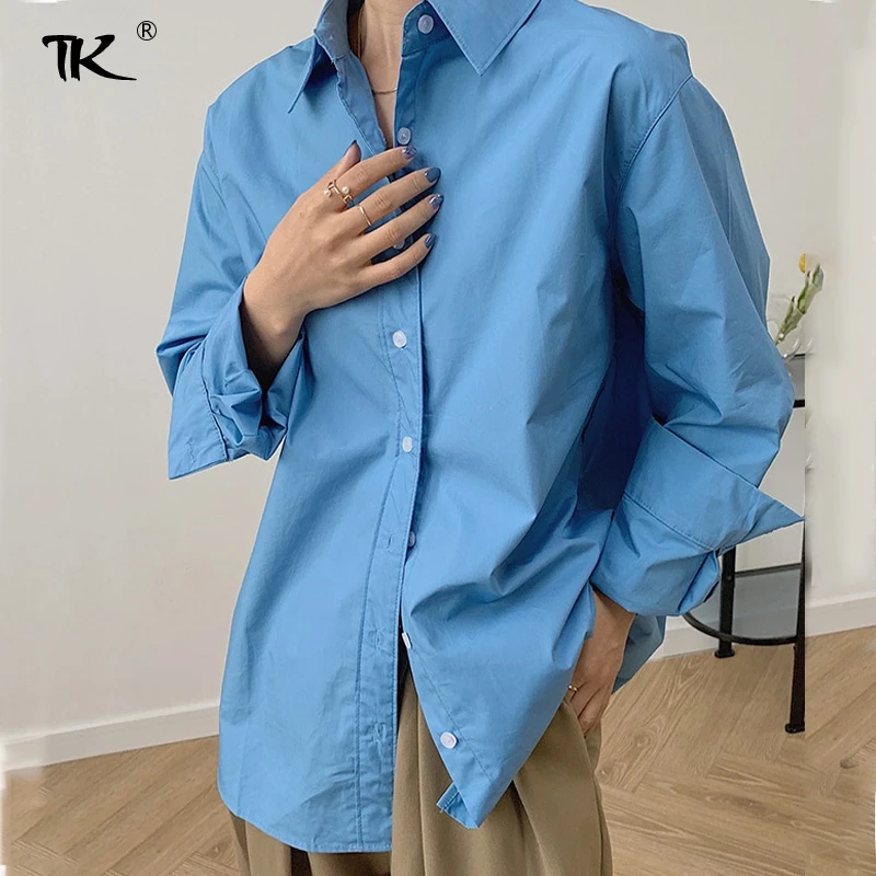 

Bule Cotton Women's Shirts Long Sleeve Turn Down Collar Women Shirt 2021 Summer Korean Loose Office Ladies Casual Woman Top
