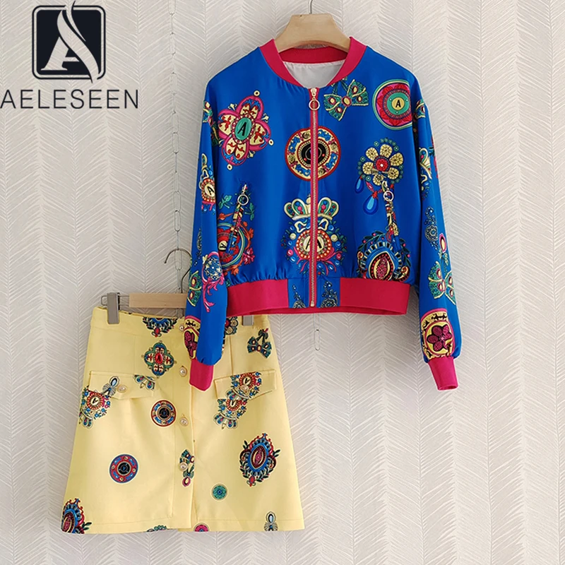 

AELESEEN Women's Spring Autumn 2 Pieces Set High Quality Blue Jacket+ Yellow Short Skirt Flower Printed Casual Suit
