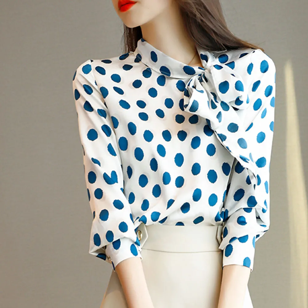 

2021 Early Spring New Big Polka Dot Bowknot Chiffon High-end Western Style Shirt Top Fashion Shirt Women Spring Long Sleeve Wear