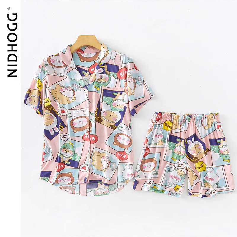 

Летние женские тонкие шорты с коротким рукавом, пижамы для женщин, мультяшное домашнее обслуживание, 2 шт., домашняя одежда, свободная мягкая...