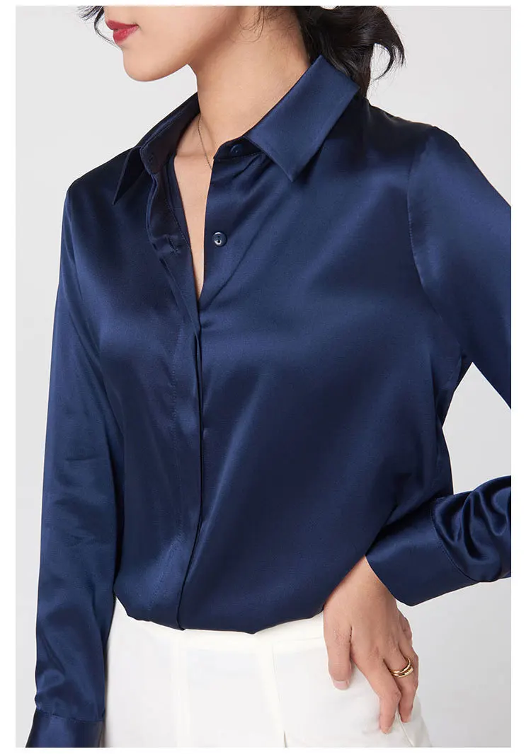 

93% Silk 7% Spandex Women's Shirt Turn Down Collar Long Sleeves Office Lady Fashion Shirt