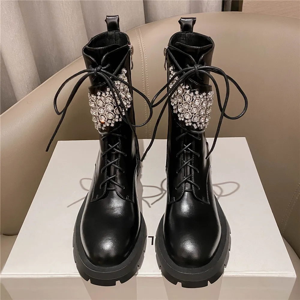 Beli Aucegi Sepatu Bot Pergelangan Kaki Gaya Inggris Kulit Sapi Hitam Wanita Kristal Mewah Ritsleting Tali Silang Sepatu Pesta Ujung Bulat