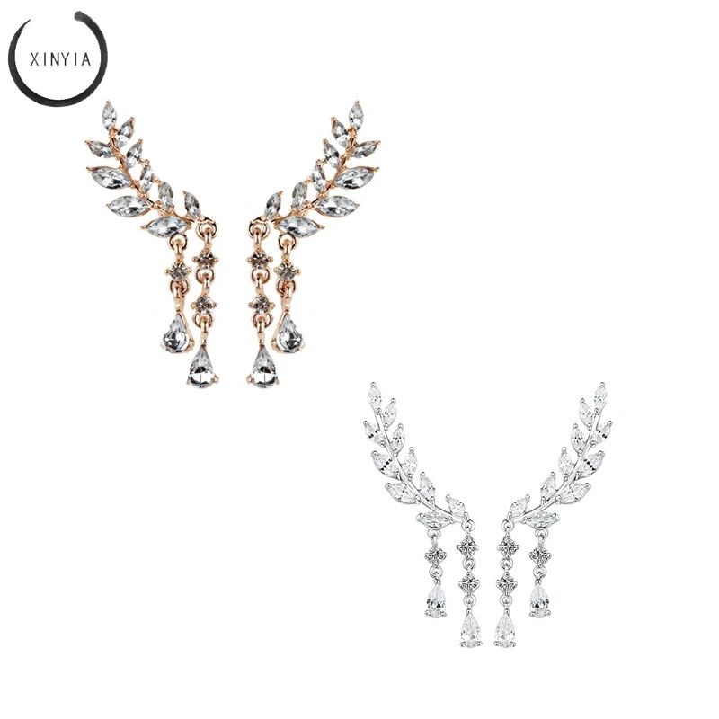 Модные длинные серьги подвески с кристаллами циркония в форме листа для женщин и