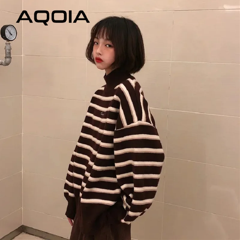 Женский трикотажный пуловер в полоску свободная теплая водолазка стиле ольччан