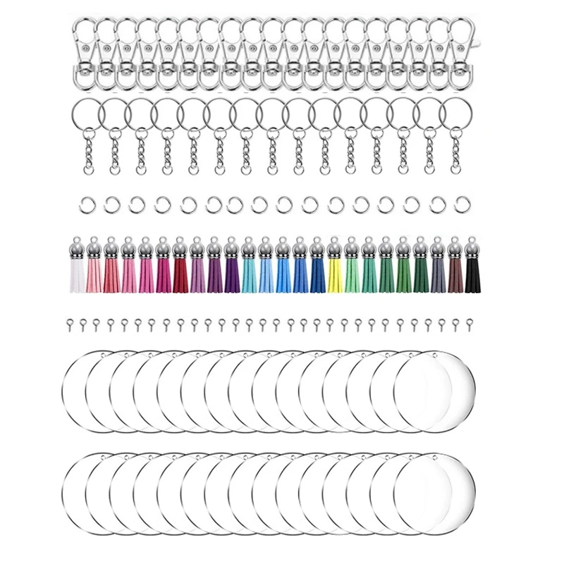 

180 Pcs Acrylic Keychain Blanks Tassel Set Including Key Rings with Chain Jump Rings Screw Eye Pins and Keychain Hooks