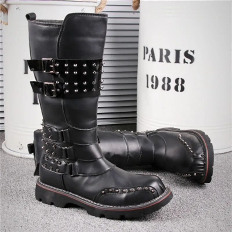 

Men's Leather Motorcycle Boots Mid-calf Military Combat Boots Gothic Belt Punk Boots Men Shoes Tactical Army Boot