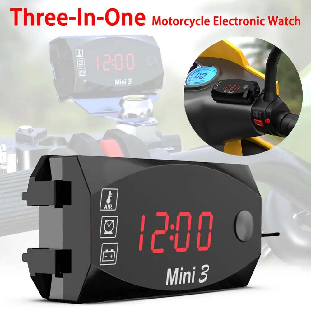 

Universal Motorcycle Electronic Clock Thermometer Voltmeter Three-In-One Waterproof Dust-proof Voltmeter LED Digital Display