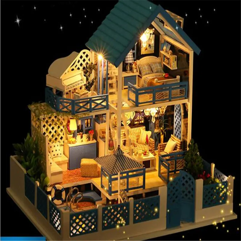 

DIY Wooden Miniature Dollhouse Aegean Sea Handmade Doll House With Furniture Toys For Couple Lady Gift Wedding