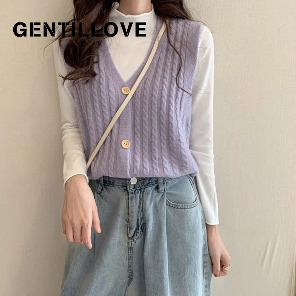 

Женский вязаный жилет с косами, кардиган без рукавов, Свободный Повседневный однотонный Модный женский стильный топ с V-образным вырезом в К...