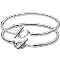 100 925 sterling silver moments heart t bar snake chain bracelet fit pandora bangle bead charm diy jewelry