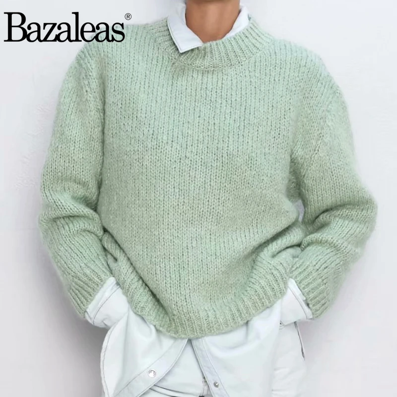 Dropshipping elegant Light Green Loose Knitted Retro Long sleeve Women Sweater casual vintage streetwear Tops | Женская одежда