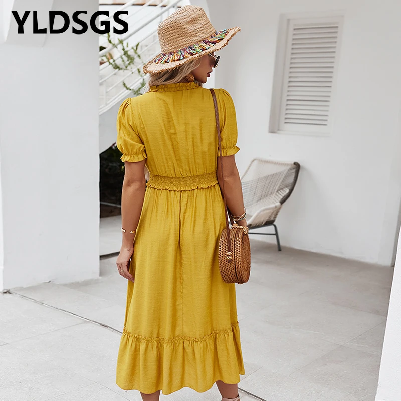 

Summer Dresses Women Wave Sexy V-Neck Ruffle Long Sleeve Holiday Long Beach Dresses Ladies Lace Wrap Party Dresses