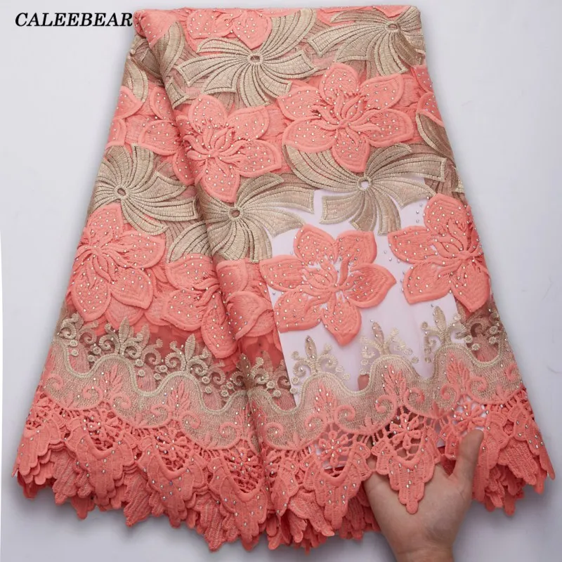 

Latest Nigerian Lace Fabrics African Fabric Lace Embroidered High Quality Lace Guipure Fabric With Stones 5Yards For Party S2764