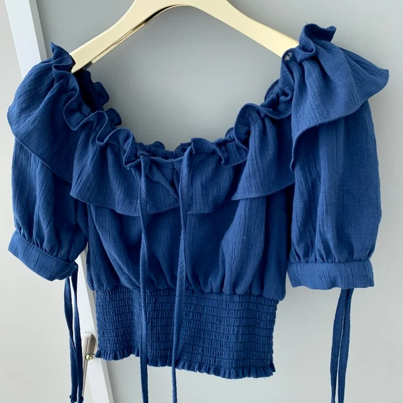 

Women Off Shoulder Blouse Sweet Blouses Niche Design Fashion Ruffles Tops Slash Neck Summer Short Sleeve Shirt Casaul Tops 14445