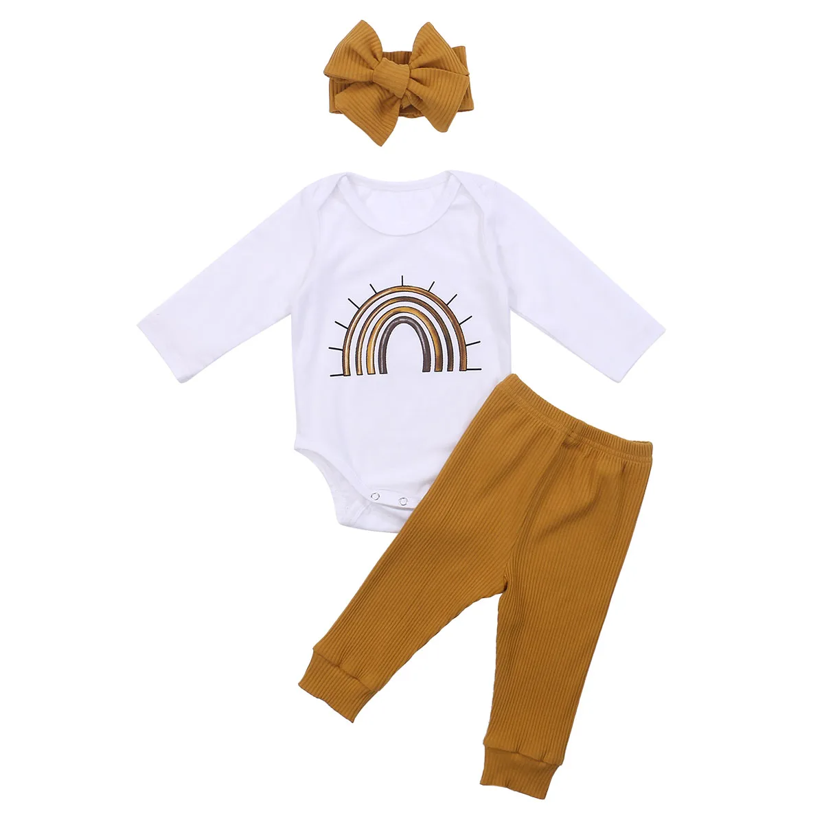 

AA 3Pcs Newborn Girl Outfit Infant Short/Long Sleeve Round Neck Rainbow Print Romper Solid Color Trousers Bow Headband Clothing