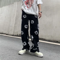 straight mens patchwork style casual flower jeans print pants vibe harajuku ripped oversize denim trousers harajuku streetwear