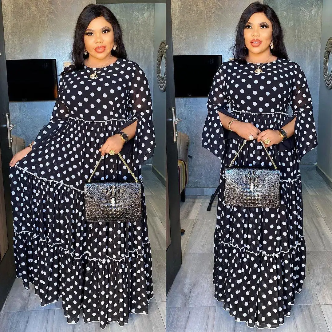 

Abaya Dubai Maxi African Design Loose Robe Gowns Muslim Dress Lady Party White Dots Printing European Clothes American Clothing
