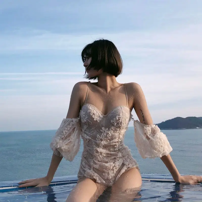 Новинка 2021 Женский цельный купальник кружевной сексуальный Монокини с длинными