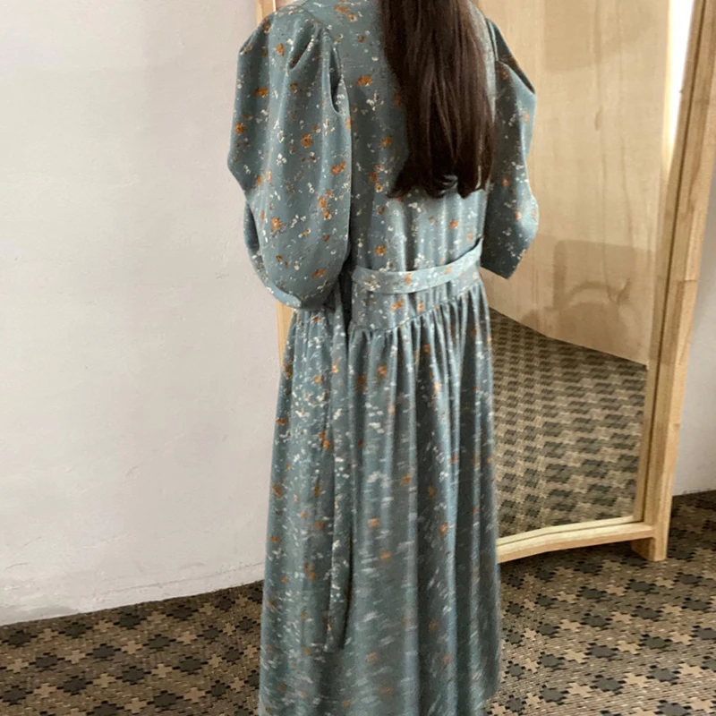 

GALCAUR Print Dress For Women O Neck Lantern Long Sleeve Hit Color High Waist Lace Up Oversized Dresses Female 2020 Autumn Tide