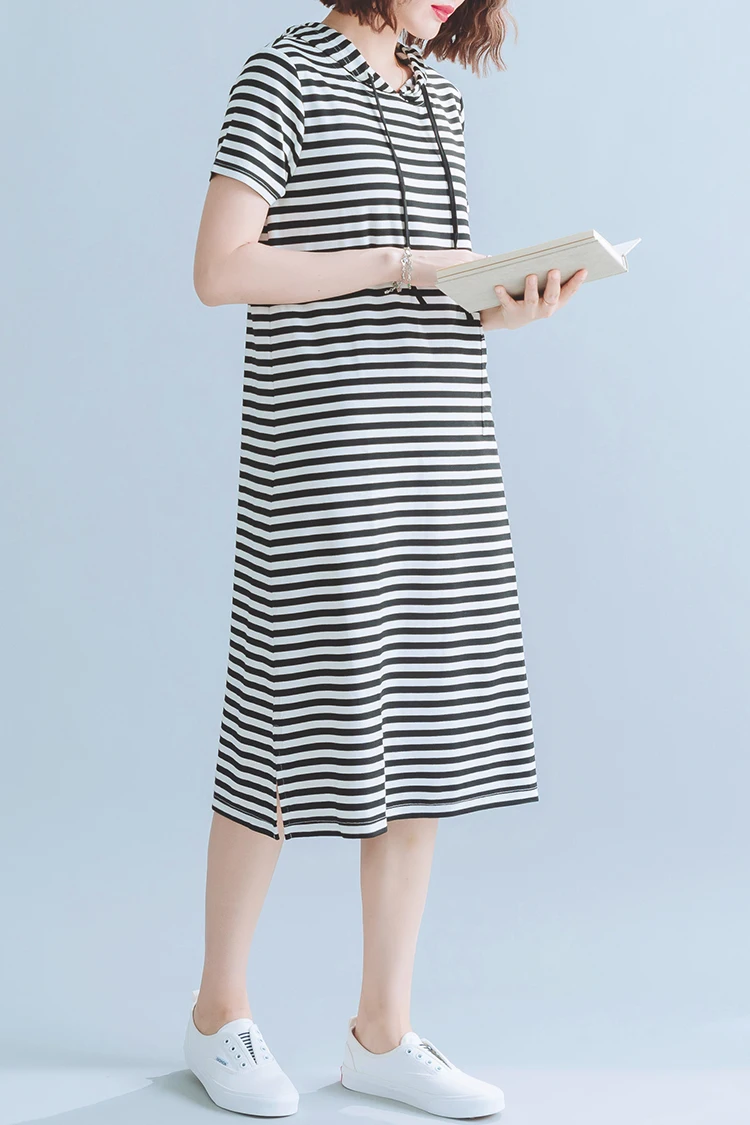 Женское Хлопковое платье в полоску с коротким рукавом и круглым вырезом | Женская