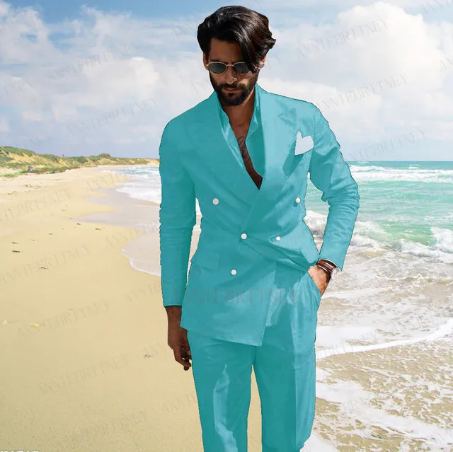 

Мужской пляжный Свадебный костюм, белый льняной Повседневный блейзер из 2 предметов, облегающие брюки-смокинг для жениха, 2021