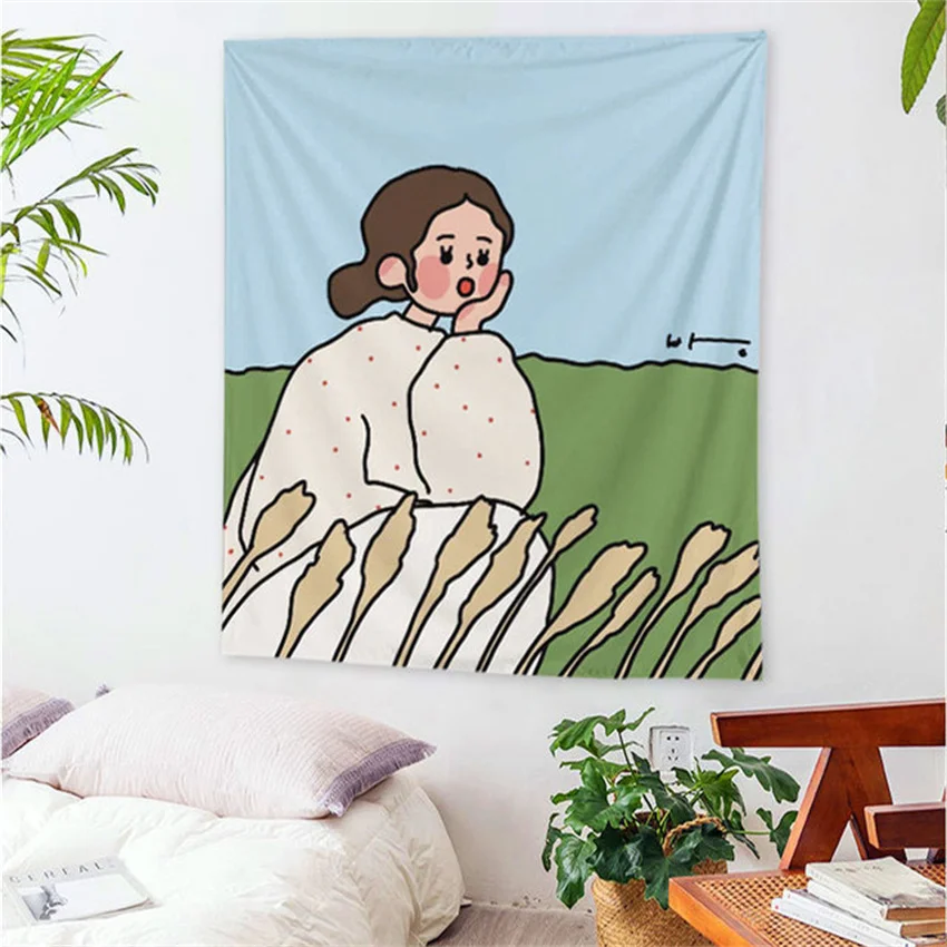

rural beautiful Listing Kawaii Girl Style Bedroom Decoration Tapestry Illustration Homestay Wall Decoration Fabric
