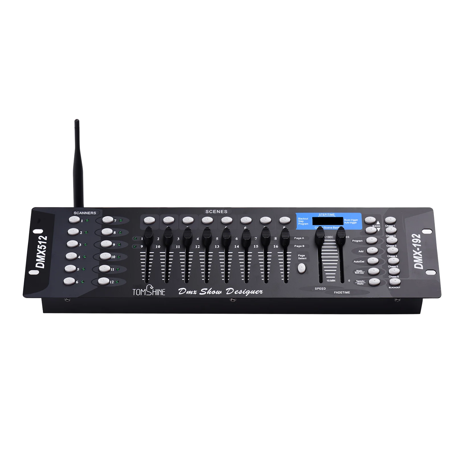 

Wireless DMX512 Light Controller Console Panel 2.4G ISM 192CH Programming Function Sound Activated with LED Screen Antenna