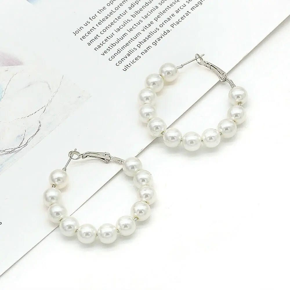 Hoop 4cm 1 пара, серьги-кольца из чистого белого жемчуга, серьги с жемчугом, круглые серьги-кольца для женщин и девушек, модные ювелирные изделия, Женские аксессуары - Окраска металла: Hoop 4cm