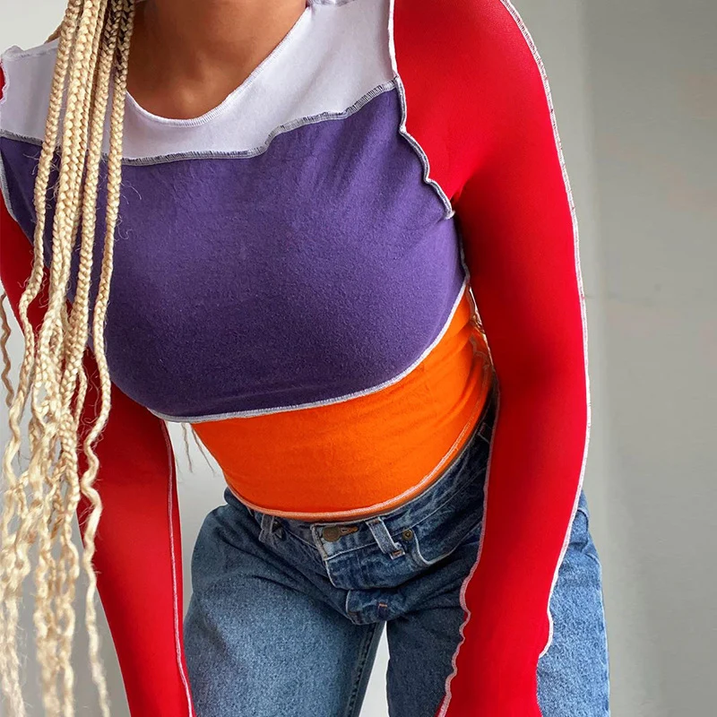 

Кроп-топ женский с длинным рукавом, пикантная укороченная футболка в стиле пэчворк, укороченная майка в стиле K-POP, уличная одежда, осень-зима