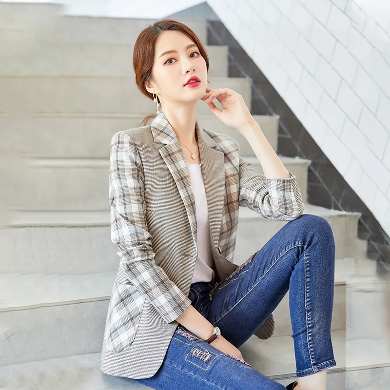 Женский блейзер в клетку офисный пиджак с длинным рукавом западном стиле модель