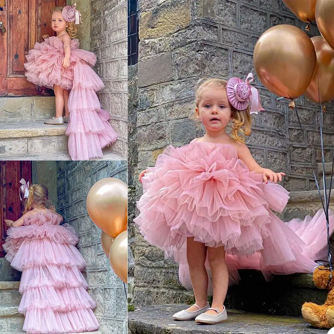 

Princess Lovely Ball Gown Flower Girls Dresses For Weddings Strapless Hi-Lo Tiered Tulle Tutu Kids Pageant Party Birthday Gowns