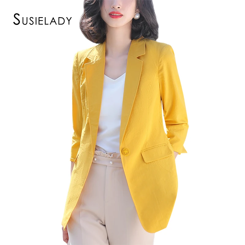Женский офисный блейзер с рукавом 3/4 однотонный деловой пиджак на одной пуговице