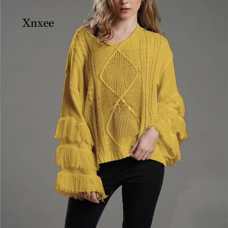 

Women's Sweater Loose Knitting V-Neck Flare Sleeve Tassel Patchwork Ladies Tops Autumn Winter Casual Sweaters Pullovers