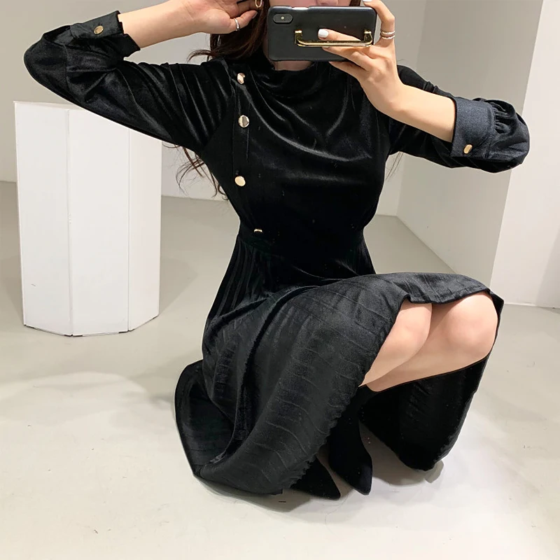 Винтажное женское платье тонкое длинное с бархатной плиссировкой ~ платья