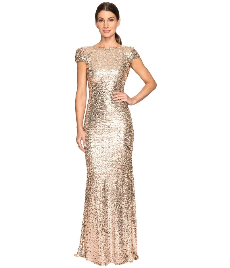 

Rose Gold Cheap Mermaid Dresses Short Sleeves Backless Long Beach Sequins Wedding Party Maid of Honor Dress