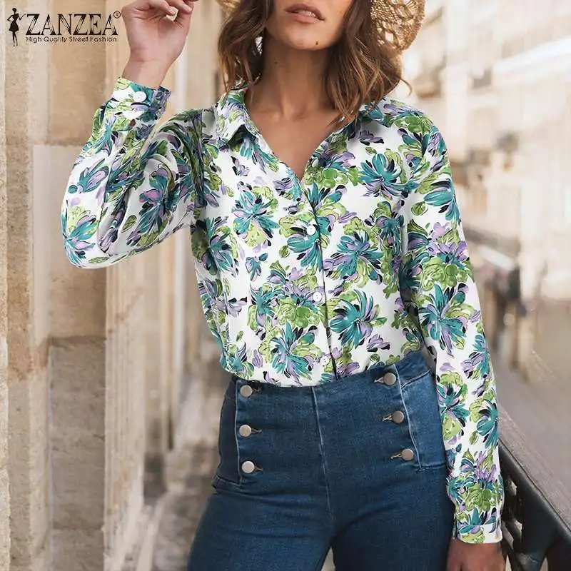 

ZANZEA Women Retro Floral Printed Blouse Spring Tops Elegant Lapel Neck Buttons Party Blusas Casual Long Sleeve Holiday Shirts