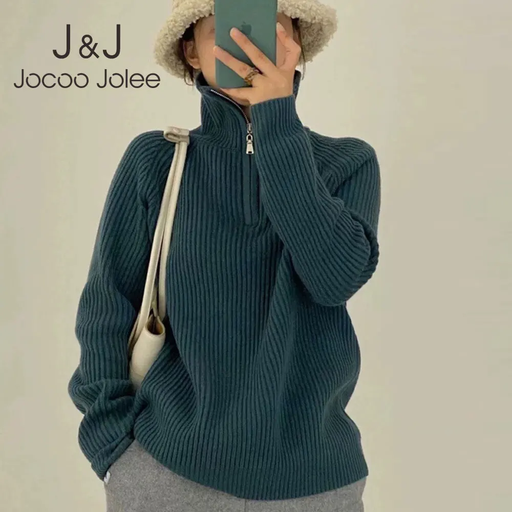 

Пуловер женский оверсайз, элегантный свитер на молнии с высоким воротником, теплый толстый свободный джемпер, повседневный кашемировый свитер, Осень-зима
