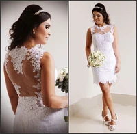 2019 vestido de noiva curto new fashion sheer back short mini white lace appliques wedding dresses vestido de renda casamento
