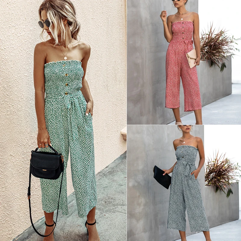 

New Arrivals Summer Jumpsuit Strapless Sleeveless Open Back Long BODYSUIT Casual Floral Buttons Sexy High Waist Women Jumpsuit
