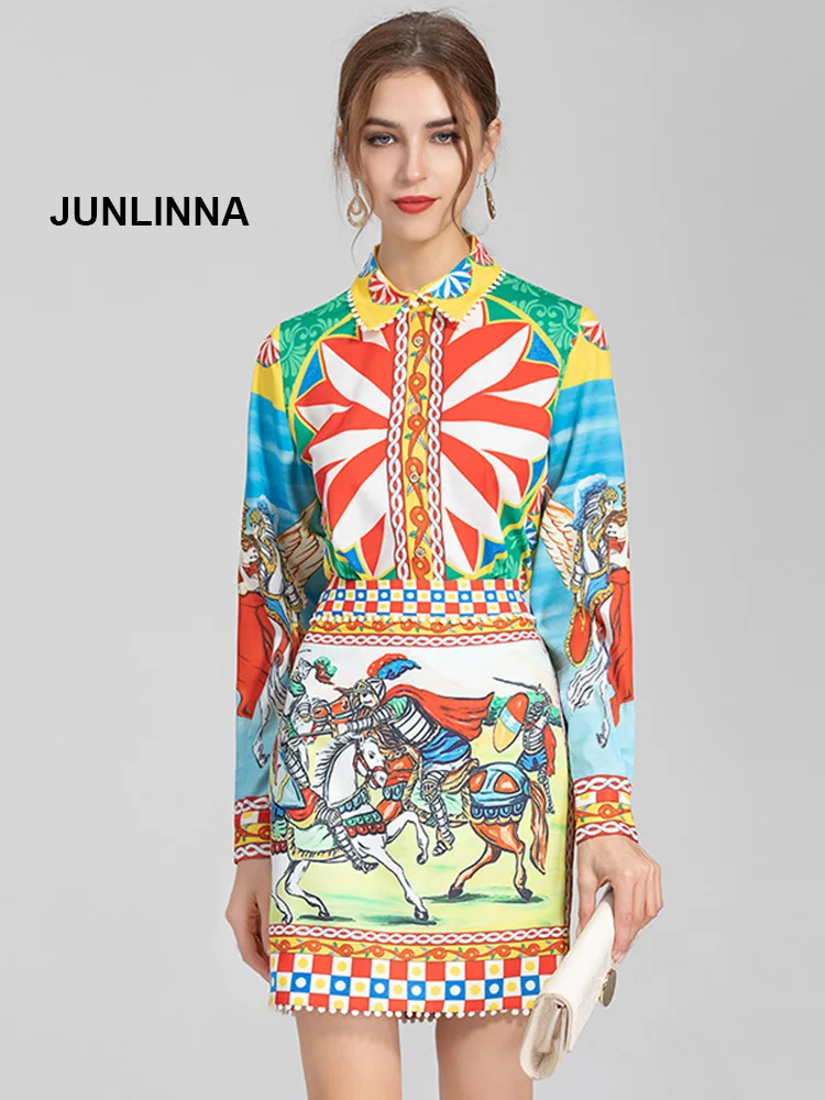 

2021 Designer Autumn Skirt Sets Women's Long sleeve Single-breasted Shirts＋warrior print Retro Skirts 2 Pieces Suit