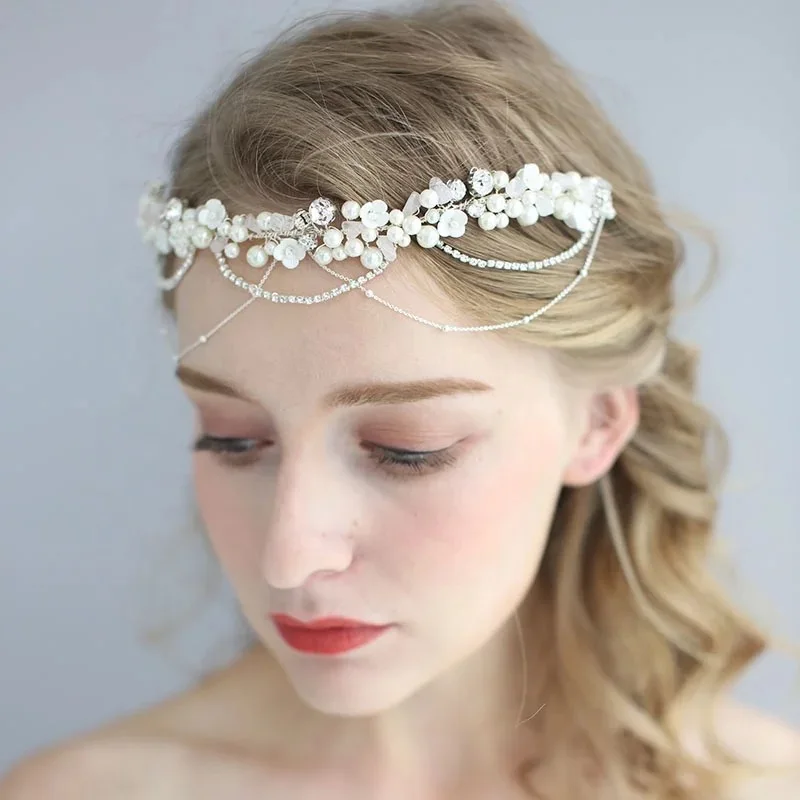 Роскошный жемчуг лба свадебный головной убор Корона Boho Свадебное украшение для волос с зажимы свадебное украшение вечерние для выпускного на волосы ювелирные изделия для невесты, украшения