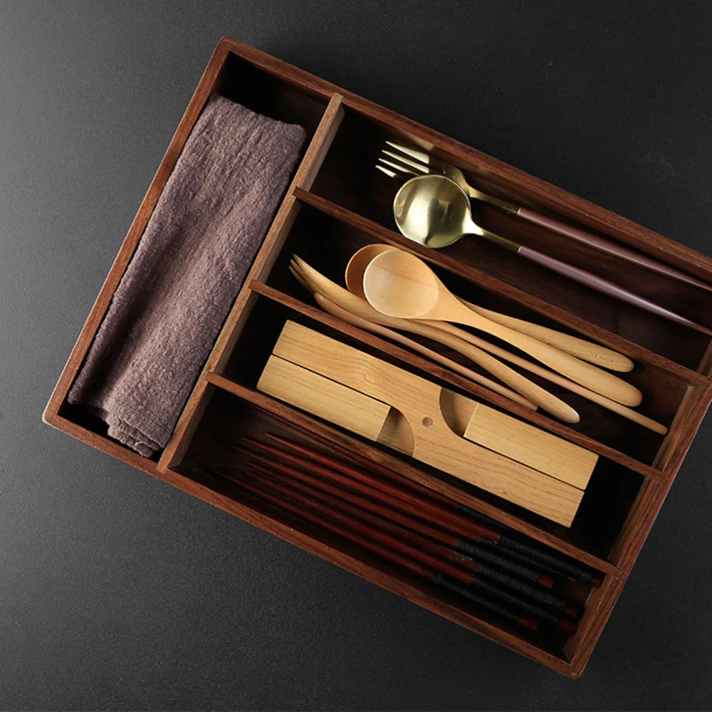 

Black Walnut Western-style Drawer Type Cutlery Storage Box Desktop Wood Storage Tray Tableware Organizer - 35.8x26x4.6cm (