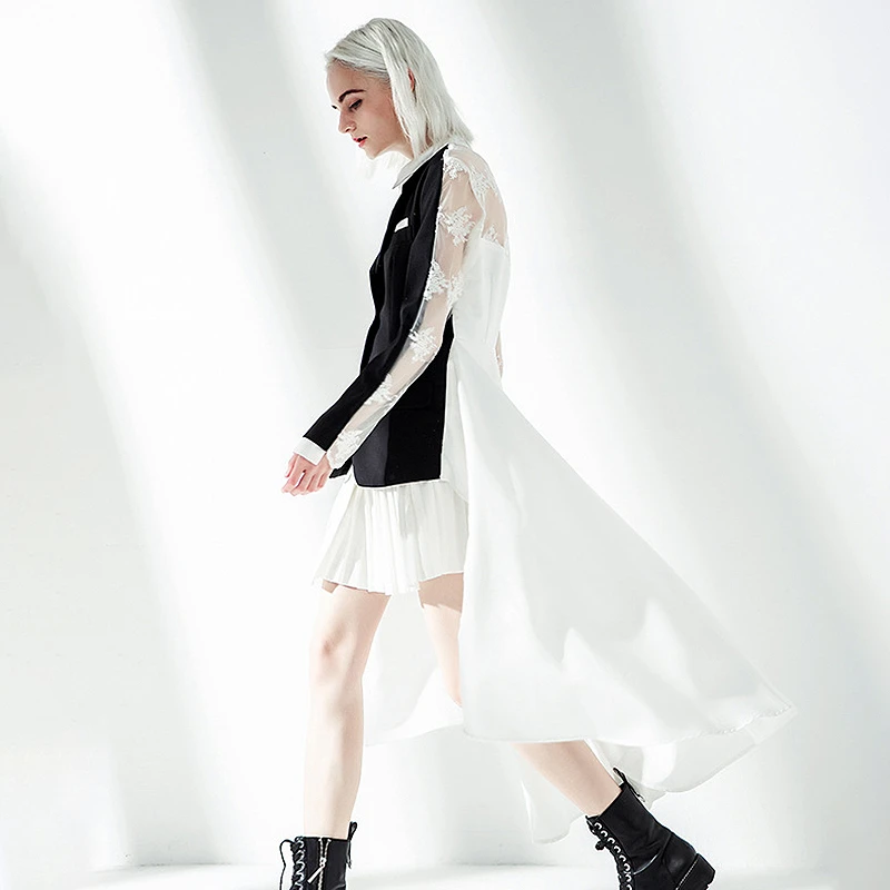 TWOTWINSTYLE Hit Color Patchwork Lace Elegant Blazer For Women Lapel Collar Irregular Hem Suit Female 2020 Spring Fashion New | Женская